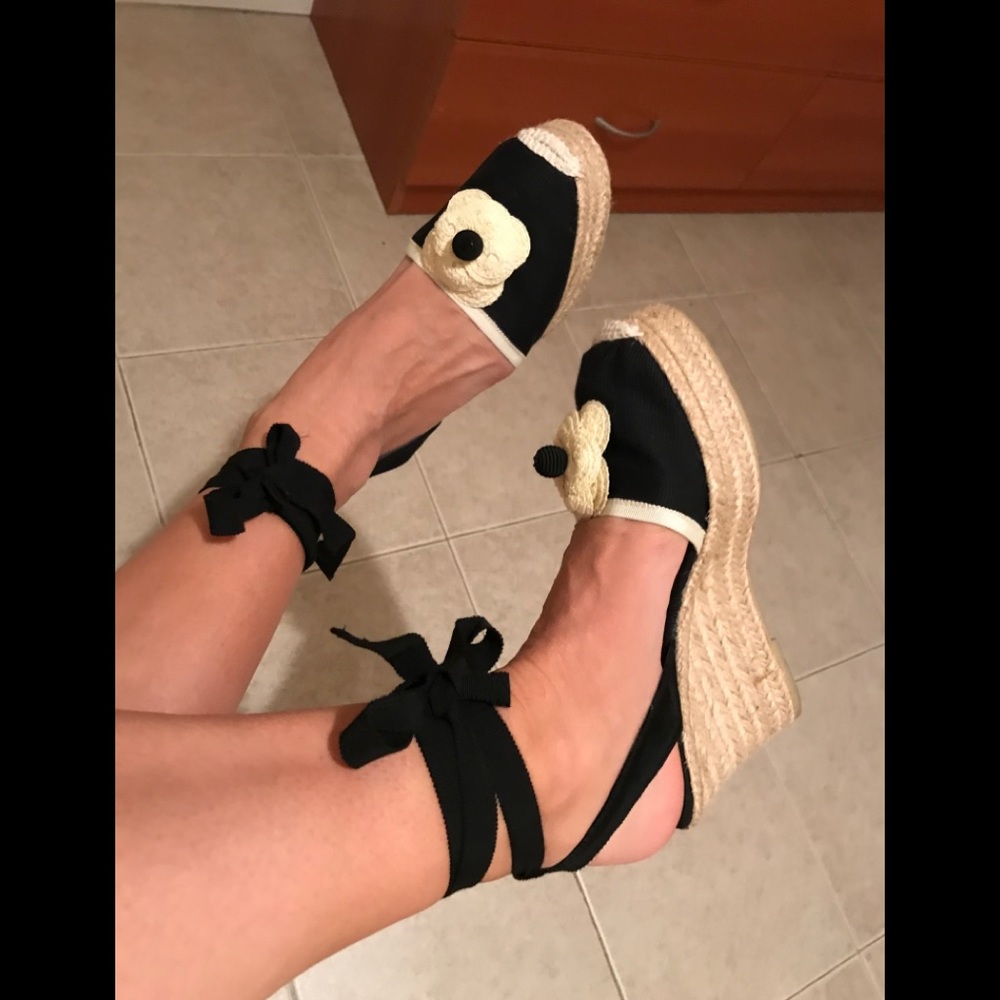 Chanel Camellia CC Flower Ankle Tie Wedge + Box 38